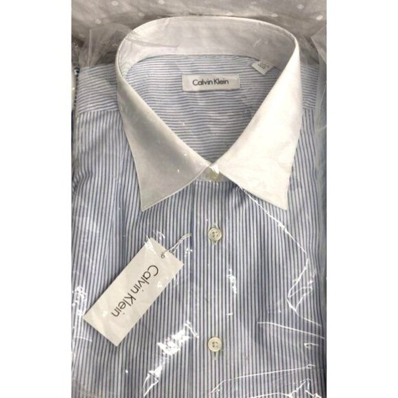 Calvin Klein Mens Blue & White Striped Button-Down Shirt Size 17.5 39/35 New - Picture 1 of 2